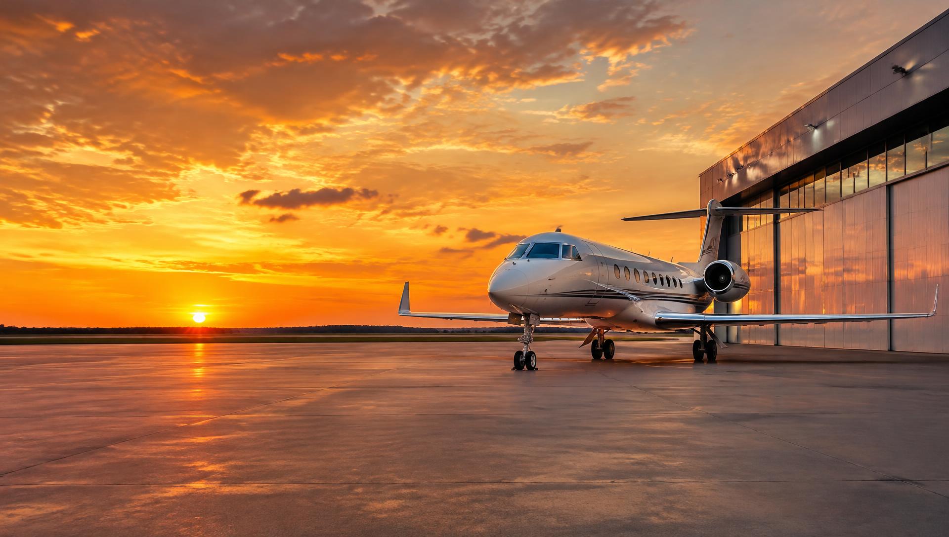 Jato executivo em frente ao hangar ao pôr do sol