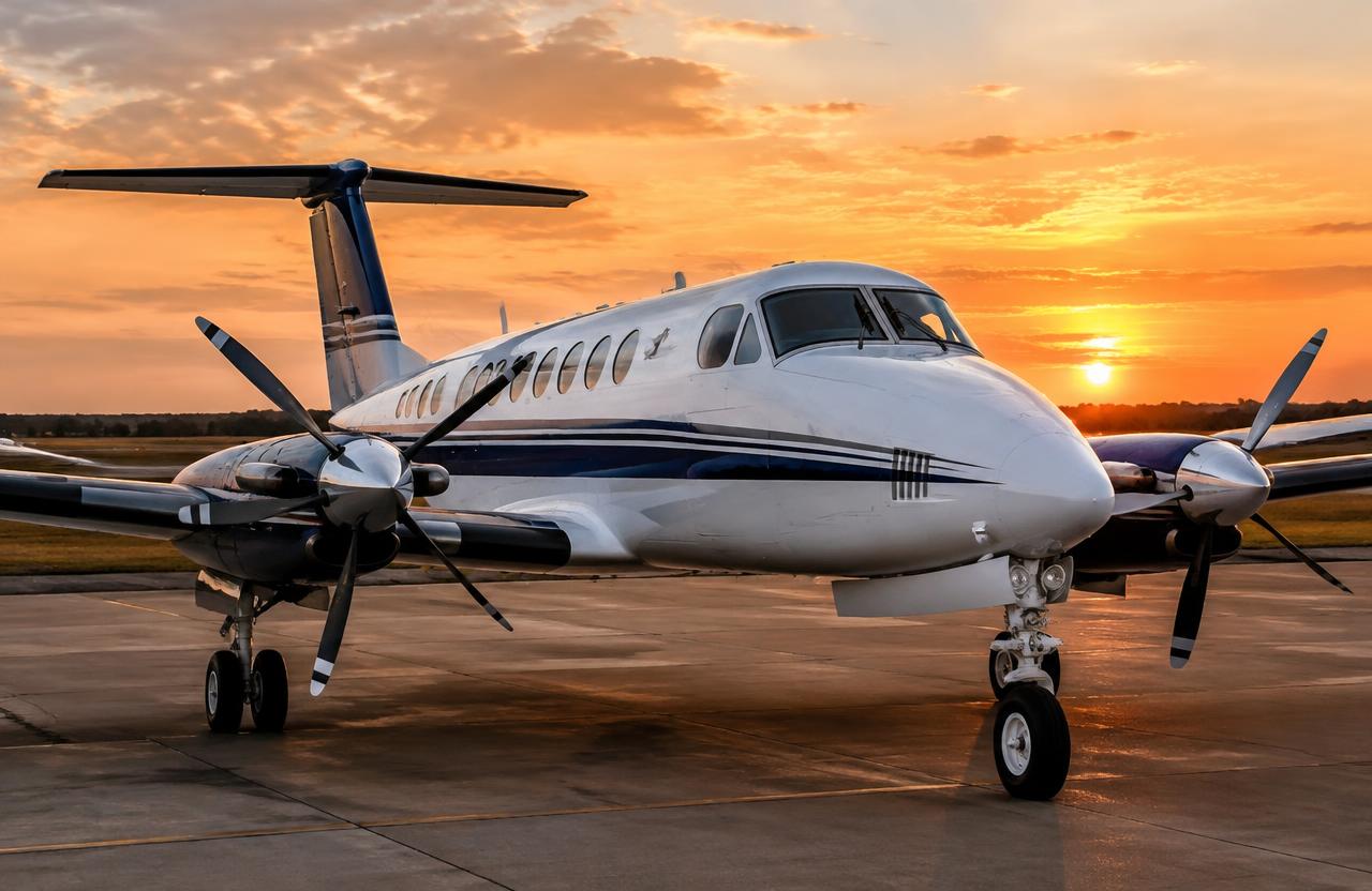 Aeronave turboélice ao pôr do sol